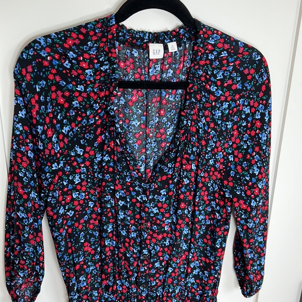 🕶️Navy Red Floral Print Button Down Maxi Dress Gap Size M Tall - Picture 4 of 8